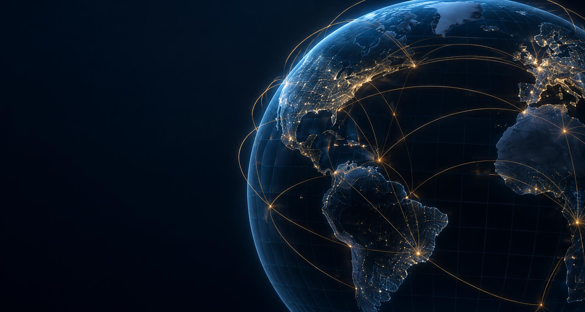 Global flight routes connecting destinations across a detailed navy globe